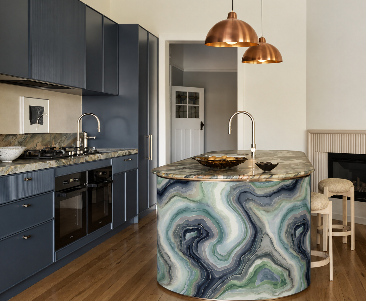 wallpapered kitchen island